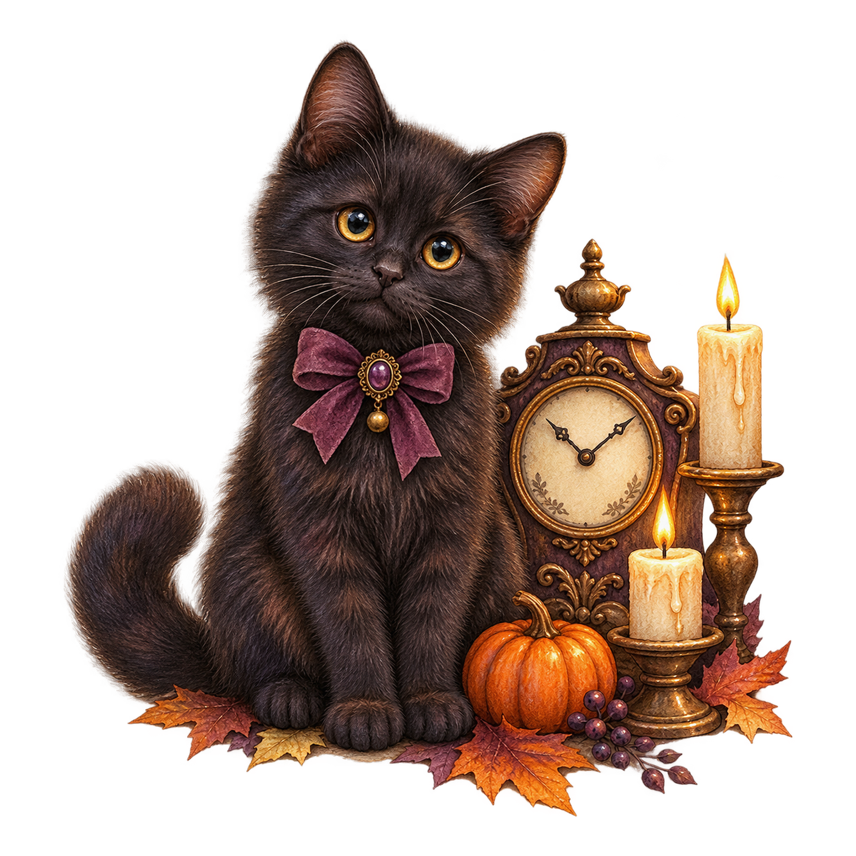 アンティーク時計とキャンドルを飾る黒猫｜ハロウィンイラスト無料素材95060に写真・文字を入れる