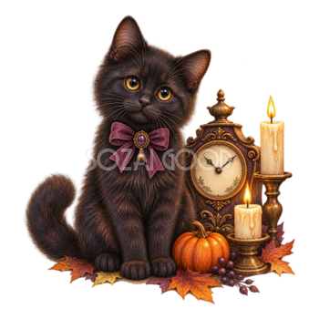 アンティーク時計とキャンドルを飾る黒猫｜ハロウィンイラスト無料素材95060