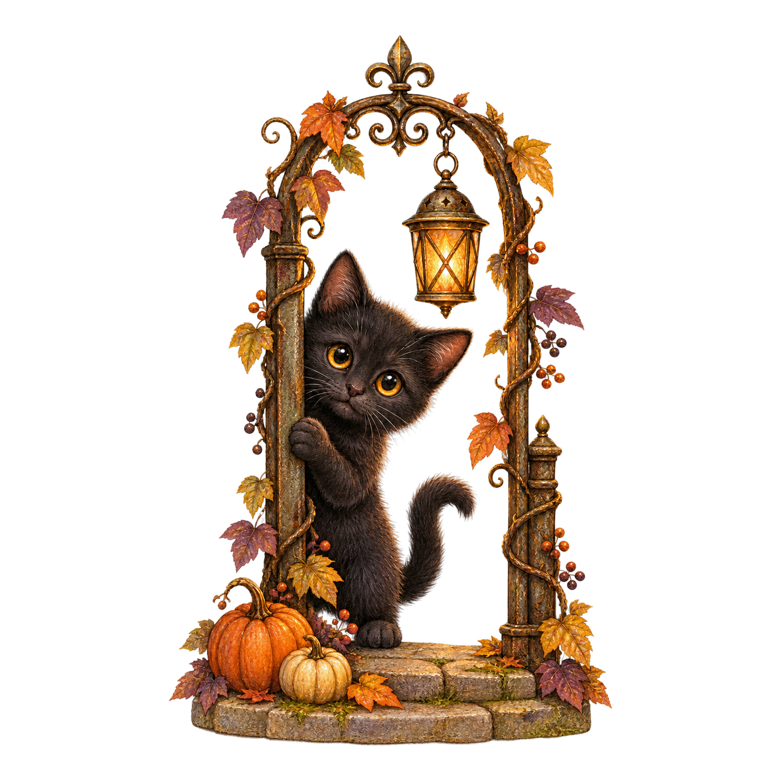 アイアンアーチから顔を出す黒猫とランタン｜ハロウィンイラスト無料素材95061に写真・文字を入れる