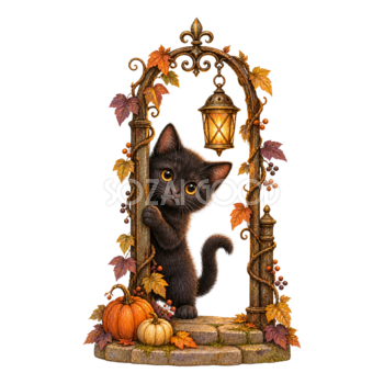 アイアンアーチから顔を出す黒猫とランタン｜ハロウィンイラスト無料素材95061