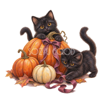 かぼちゃと遊ぶ2匹の黒猫｜かわいいハロウィンイラスト無料素材95062