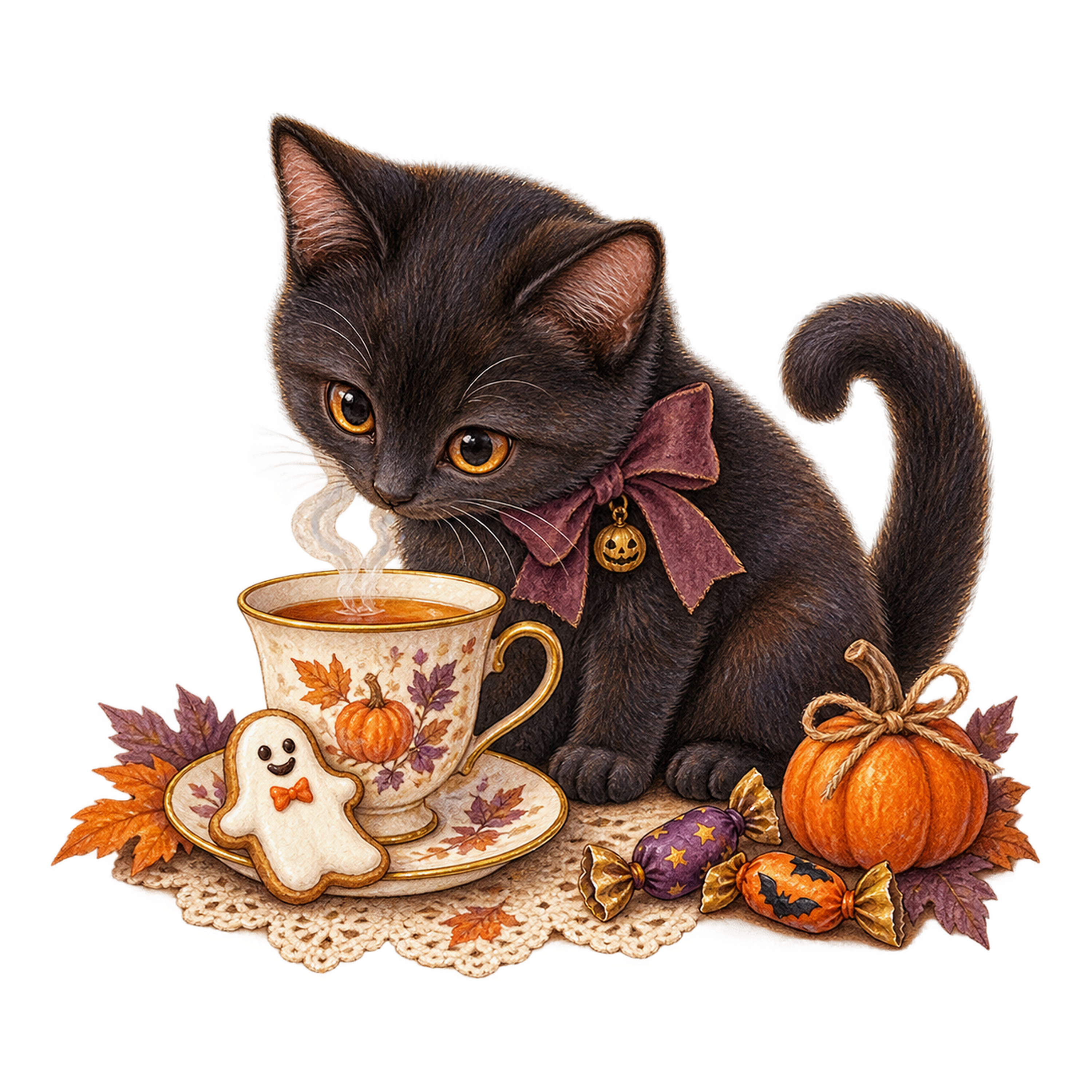 おばけクッキーと紅茶を楽しむ黒猫｜ハロウィンイラスト無料素材95063に写真・文字を入れる