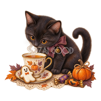おばけクッキーと紅茶を楽しむ黒猫｜ハロウィンイラスト無料素材95063