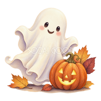 白いおばけとかぼちゃ｜かわいいハロウィンイラスト無料素材95065