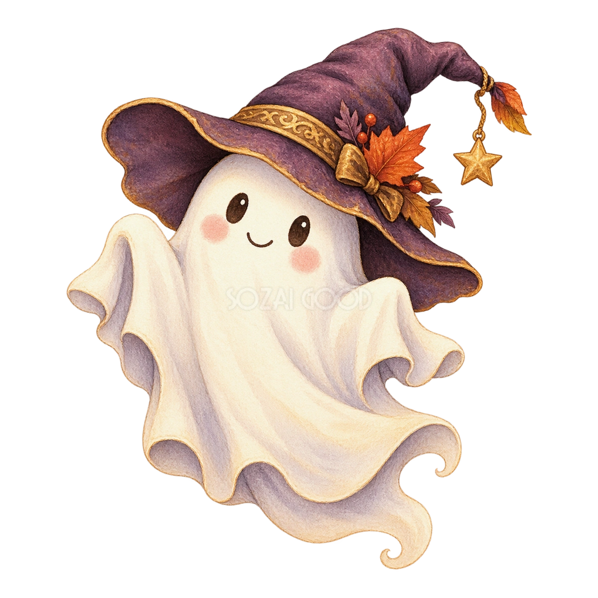 魔女帽子をかぶった白いおばけ|ハロウィンイラスト無料素材95067
