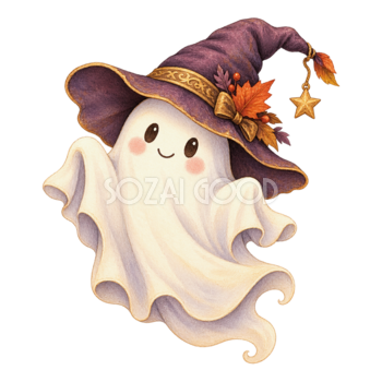 魔女帽子をかぶった白いおばけ｜ハロウィンイラスト無料素材95067