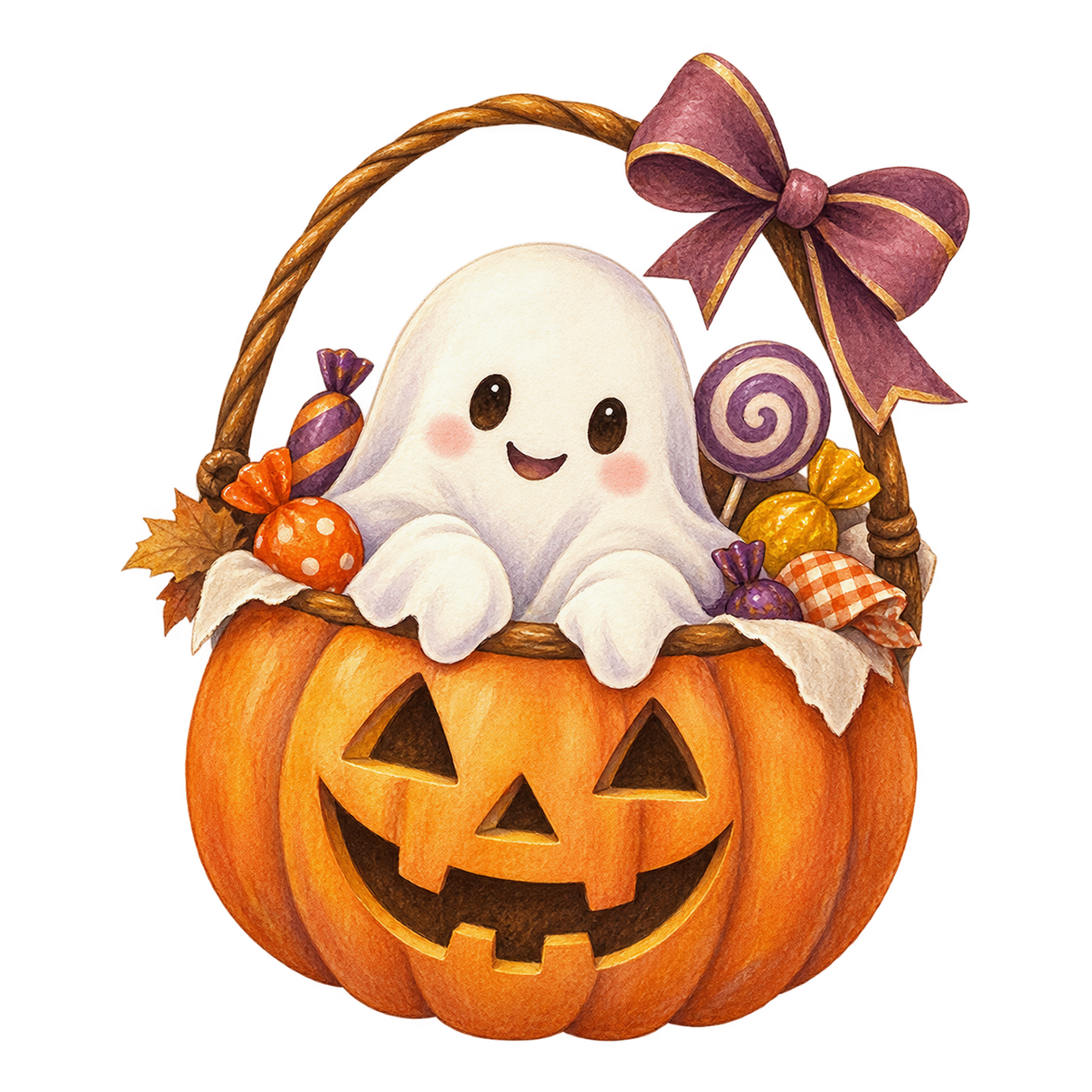 {お菓子入りかぼちゃバスケットと白いおばけ｜ハロウィンイラスト無料素材id}に写真・文字を入れる