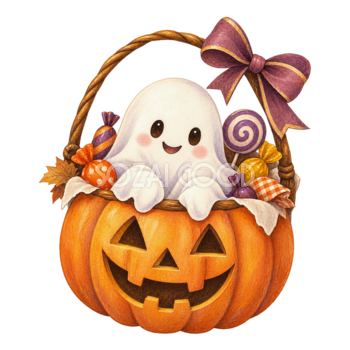 {お菓子入りかぼちゃバスケットと白いおばけ｜ハロウィンイラスト無料素材id}