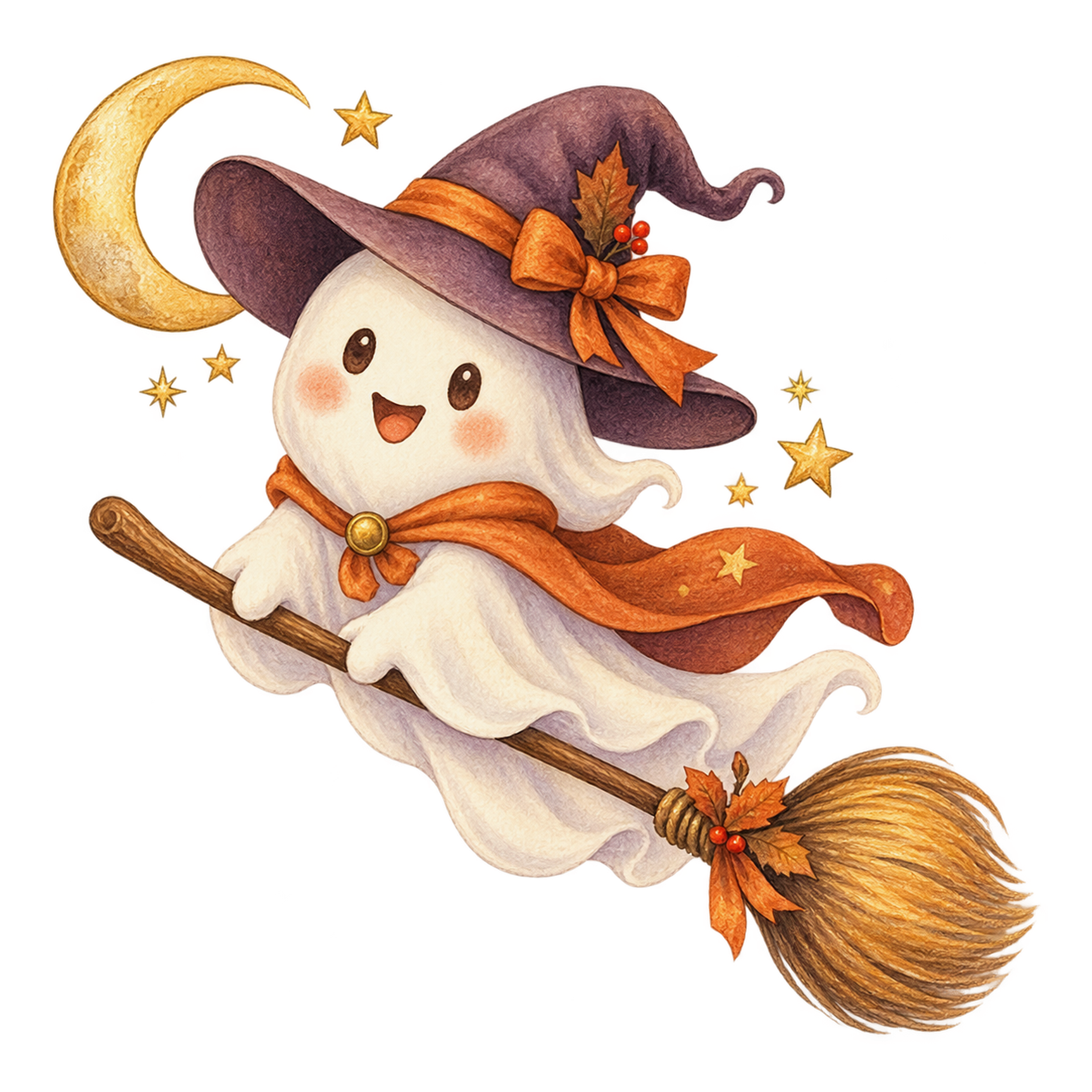 ほうきで空を飛ぶ白いおばけと三日月｜ハロウィンイラスト無料素材95069に写真・文字を入れる