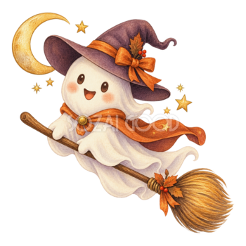 ほうきで空を飛ぶ白いおばけと三日月｜ハロウィンイラスト無料素材95069