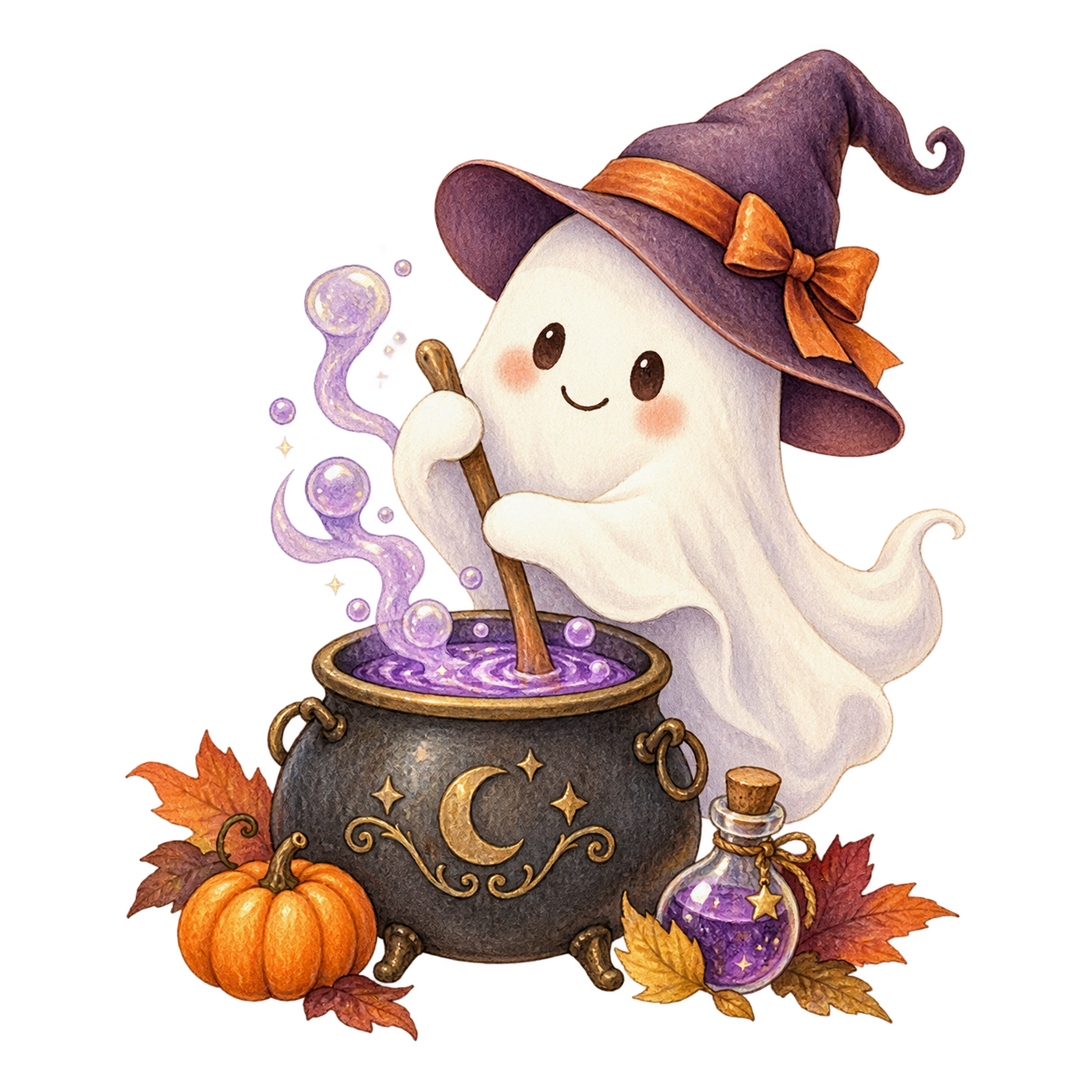 魔法の大釜をかき混ぜる白いおばけ｜ハロウィンイラスト無料素材95070に写真・文字を入れる