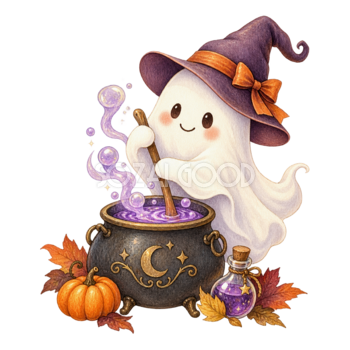 魔法の大釜をかき混ぜる白いおばけ｜ハロウィンイラスト無料素材95070