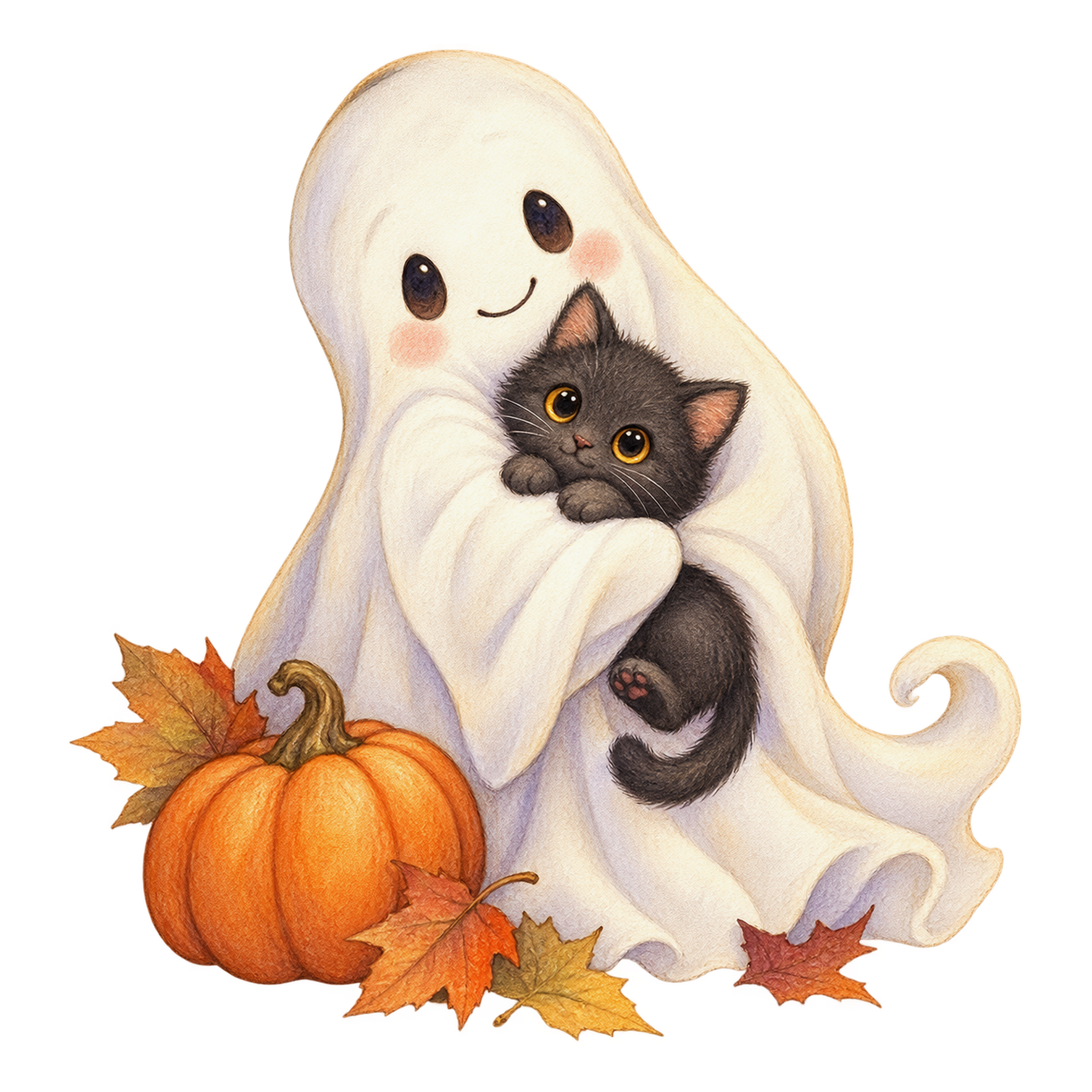 黒猫を抱っこする白いおばけ｜かわいいハロウィンイラスト無料素材95071に写真・文字を入れる