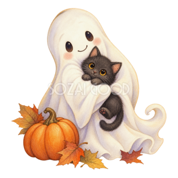 黒猫を抱っこする白いおばけ｜かわいいハロウィンイラスト無料素材95071