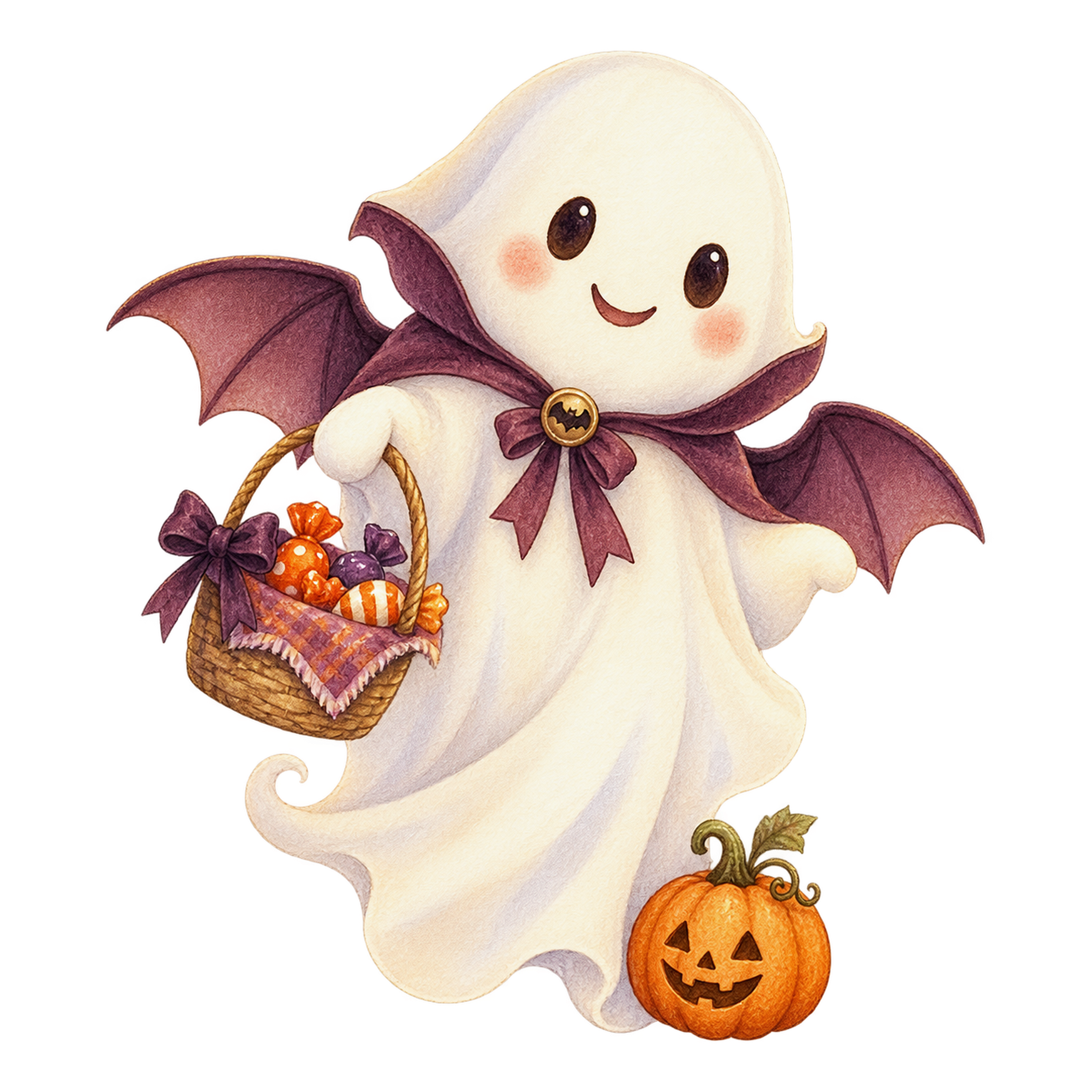 コウモリの羽をつけた白いおばけとお菓子｜ハロウィンイラスト無料素材95072に写真・文字を入れる
