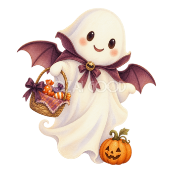 コウモリの羽をつけた白いおばけとお菓子｜ハロウィンイラスト無料素材95072