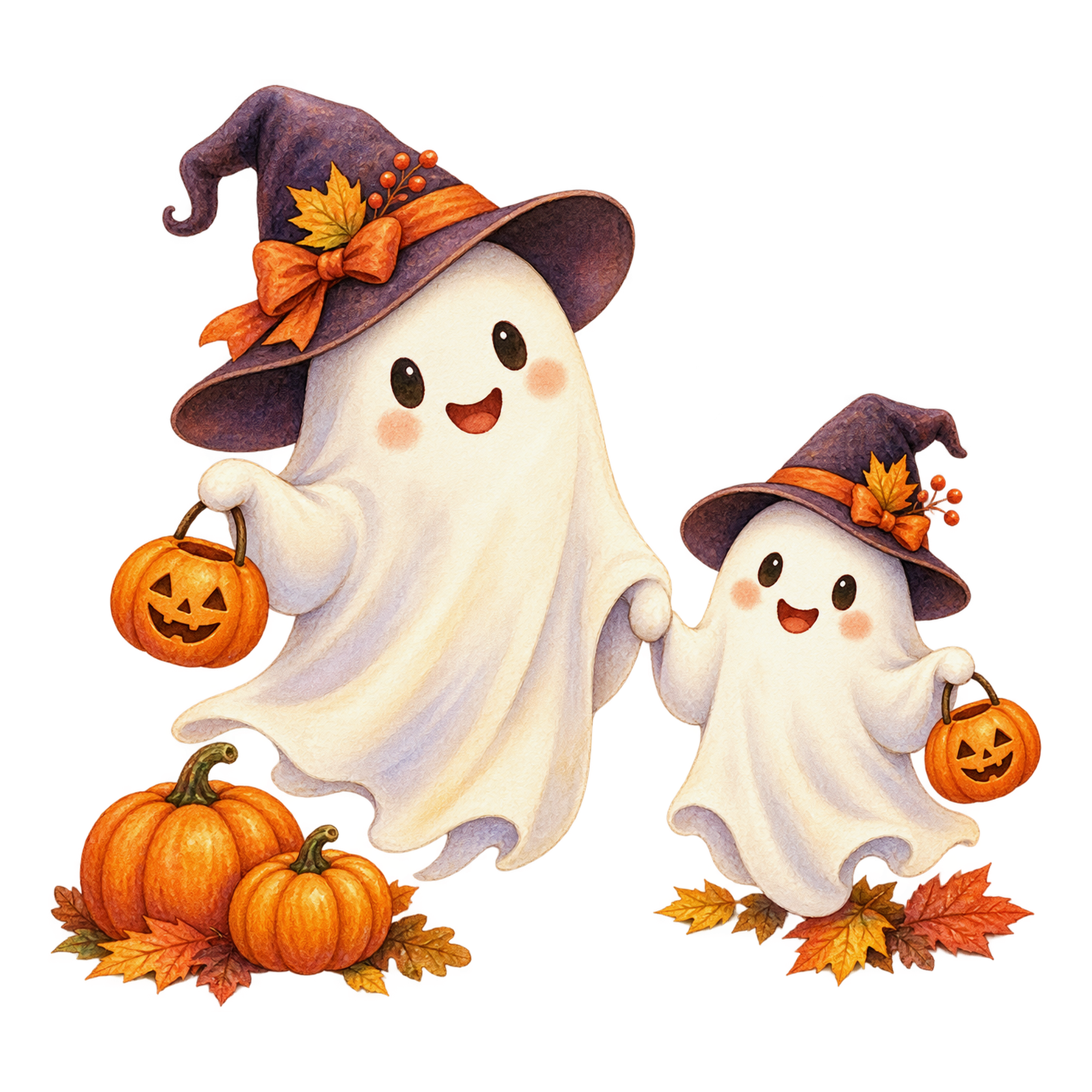 手をつなぐ2体の白いおばけ｜かわいいハロウィンイラスト無料素材95073に写真・文字を入れる