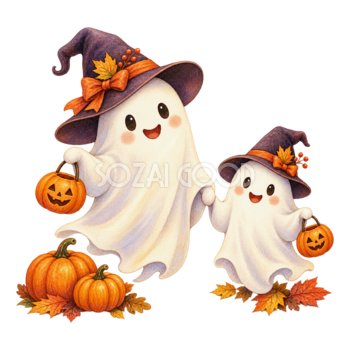 手をつなぐ2体の白いおばけ｜かわいいハロウィンイラスト無料素材95073