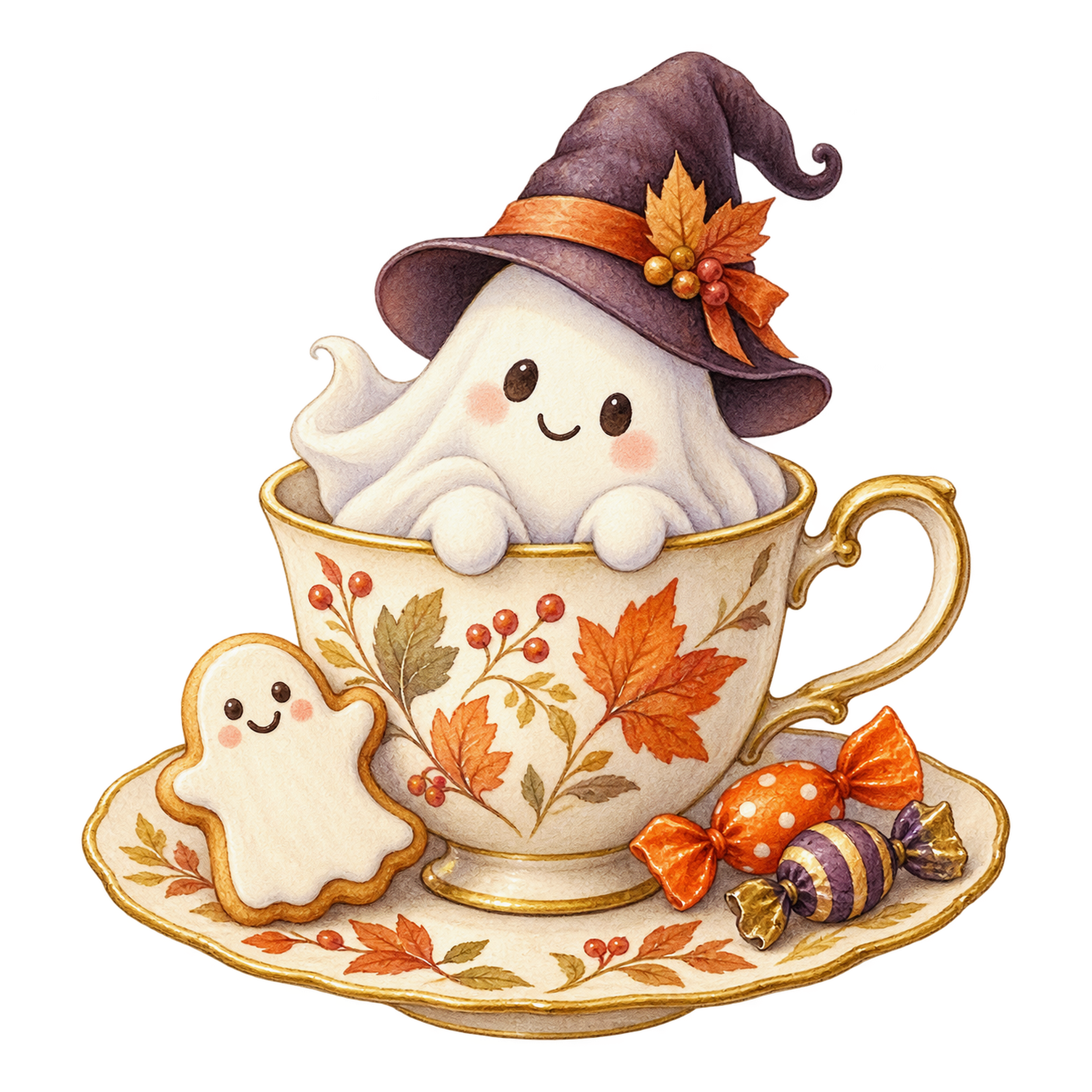ティーカップに入った白いおばけとクッキー｜ハロウィンイラスト無料素材95074に写真・文字を入れる