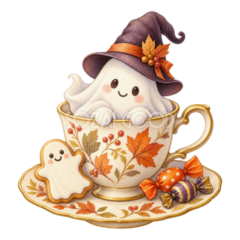 ティーカップに入った白いおばけとクッキー｜ハロウィンイラスト無料素材95074