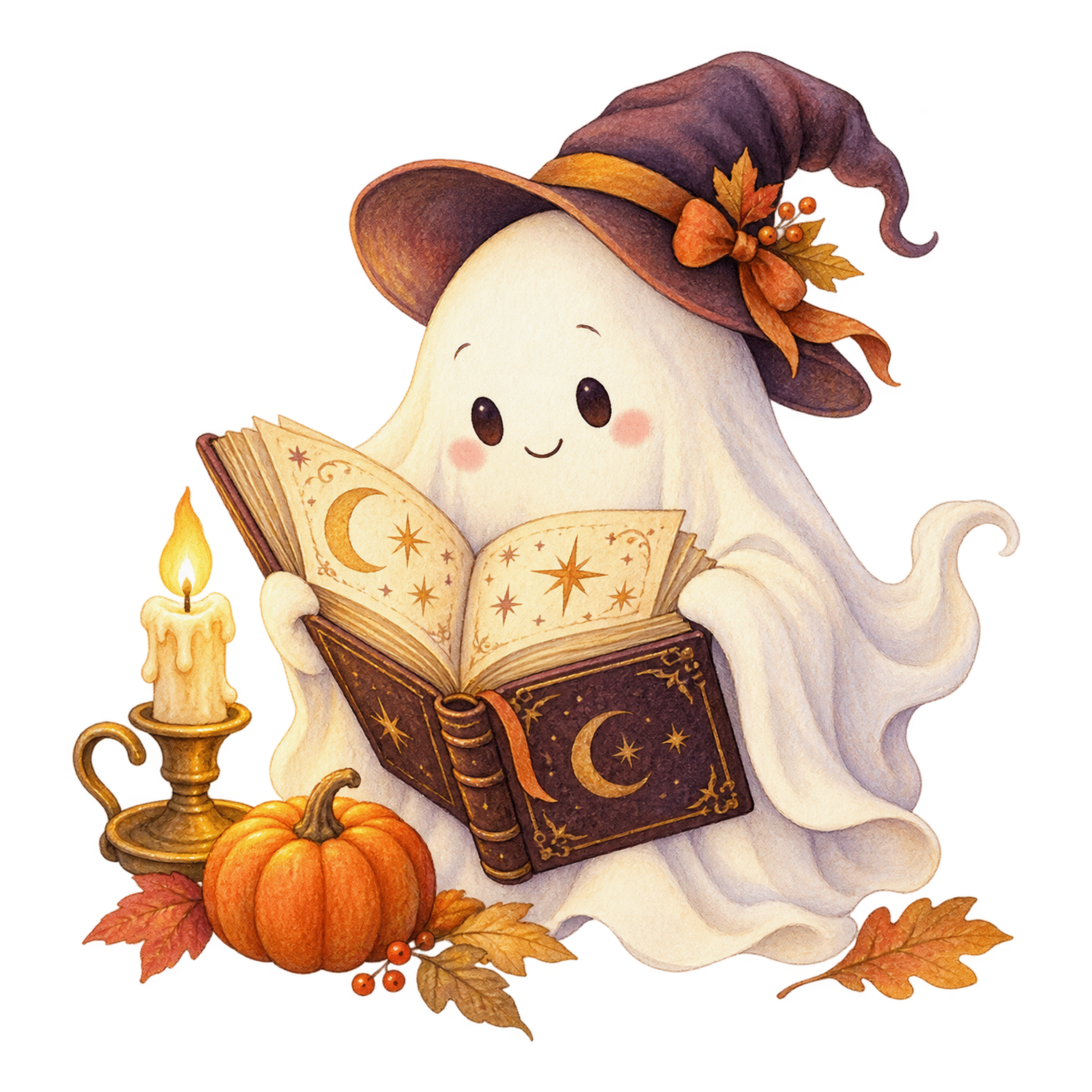 魔法の本を読む白いおばけとキャンドル｜ハロウィンイラスト無料素材95075に写真・文字を入れる