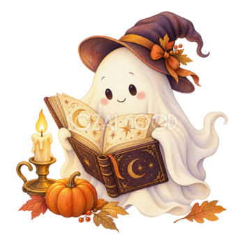 魔法の本を読む白いおばけとキャンドル｜ハロウィンイラスト無料素材95075