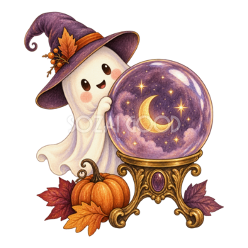 水晶玉をのぞく白いおばけ｜魔法のハロウィンイラスト無料素材95076