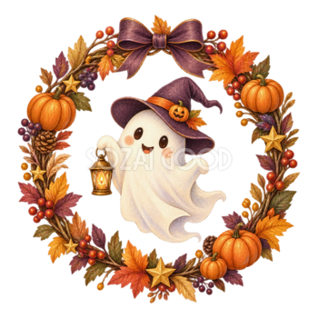 白いおばけとかぼちゃの秋色ハロウィンリース｜無料イラスト素材95077