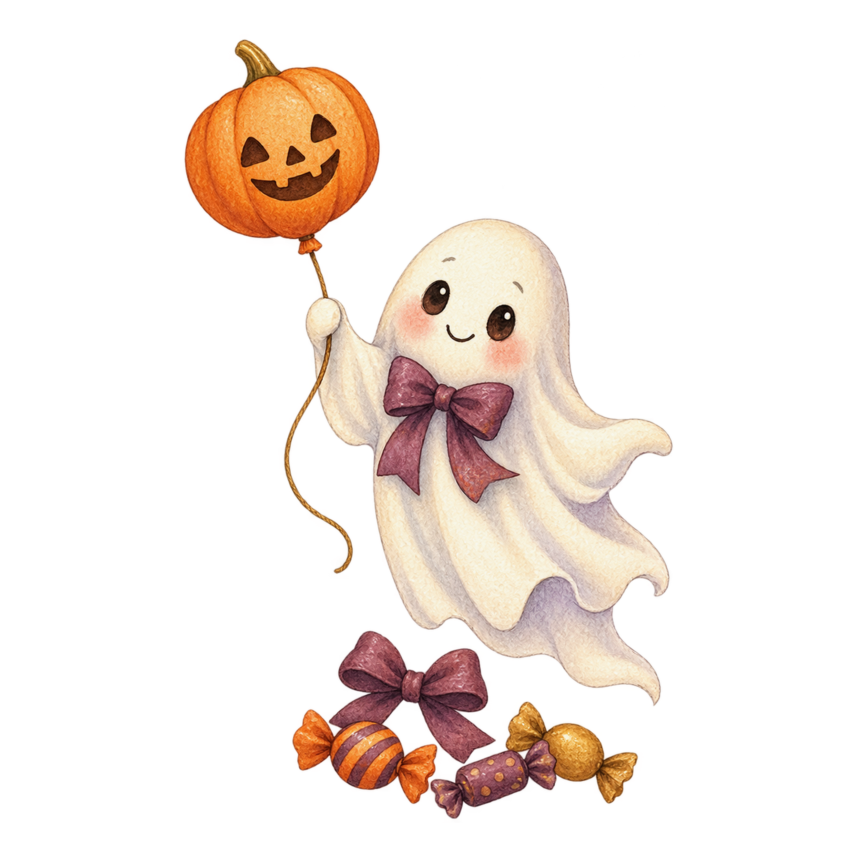 かぼちゃ風船を持つ白いおばけ｜ハロウィンイラスト無料素材95078に写真・文字を入れる
