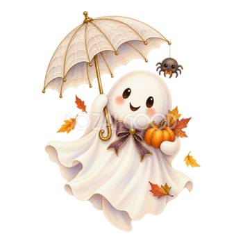 クモの巣傘を持つ白いおばけ｜ハロウィンイラスト無料素材95080