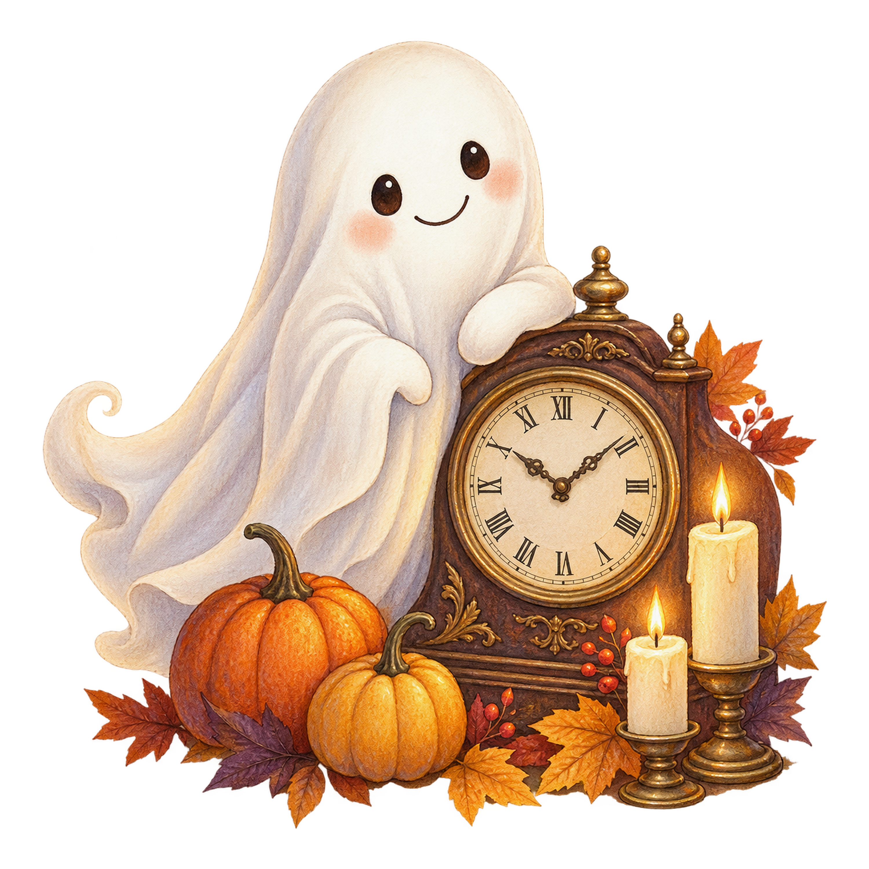 アンティーク時計と白いおばけ｜秋のハロウィンイラスト無料素材95081に写真・文字を入れる