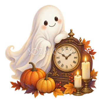 アンティーク時計と白いおばけ｜秋のハロウィンイラスト無料素材95081