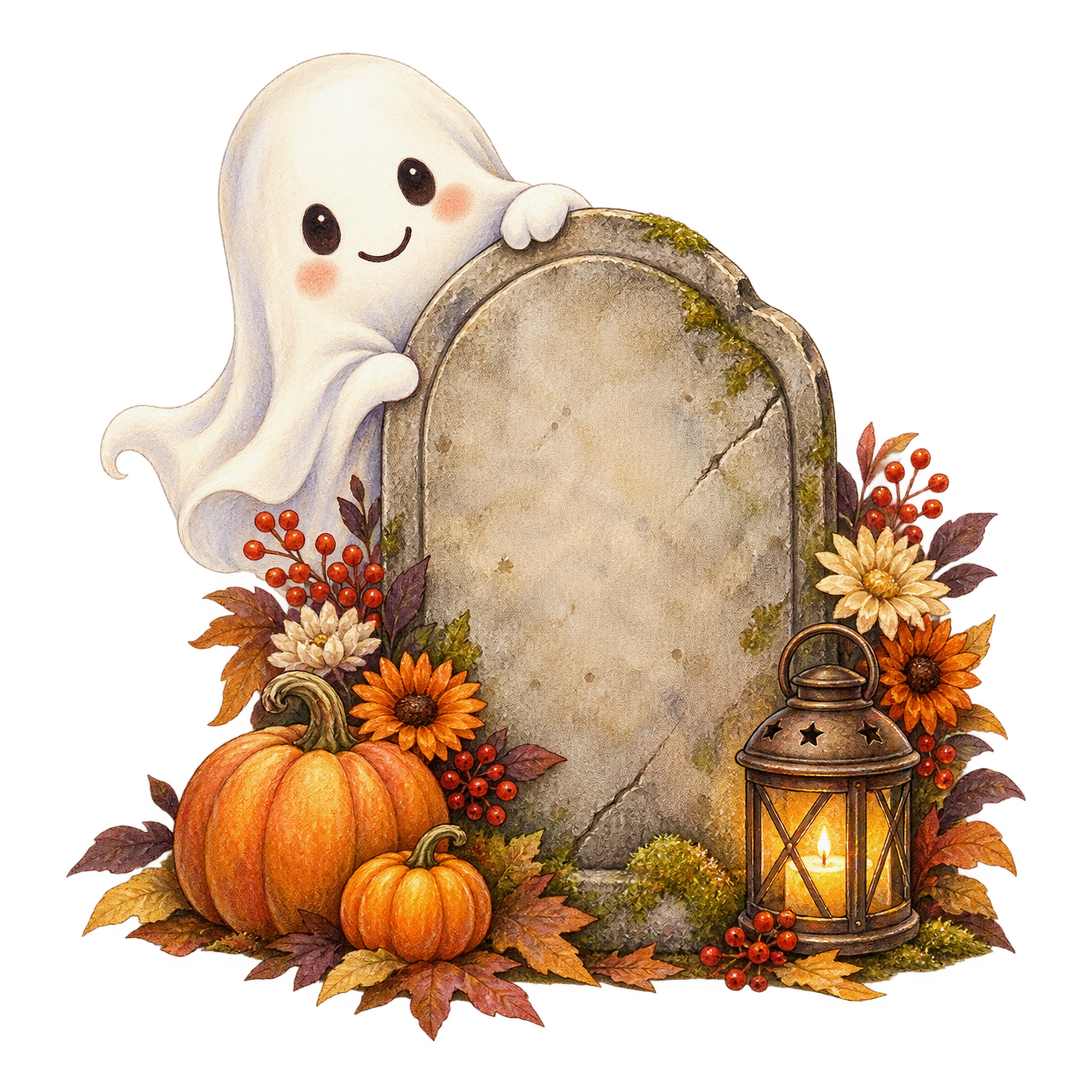 墓石から顔を出す白いおばけとランタン｜ハロウィンイラスト無料素材95082に写真・文字を入れる