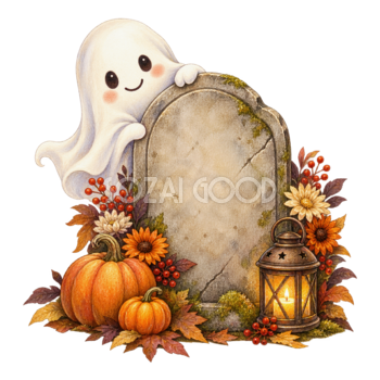 墓石から顔を出す白いおばけとランタン｜ハロウィンイラスト無料素材95082