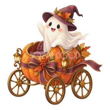 かぼちゃの馬車に乗る白いおばけ｜ハロウィンイラスト無料素材95083
