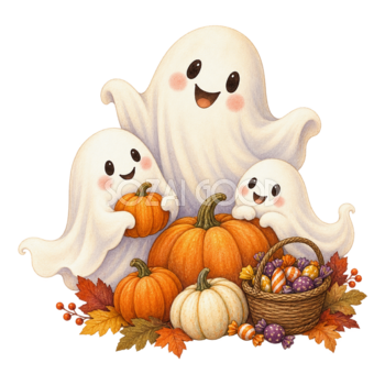3体の白いおばけとかぼちゃ｜かわいいハロウィンイラスト無料素材95084