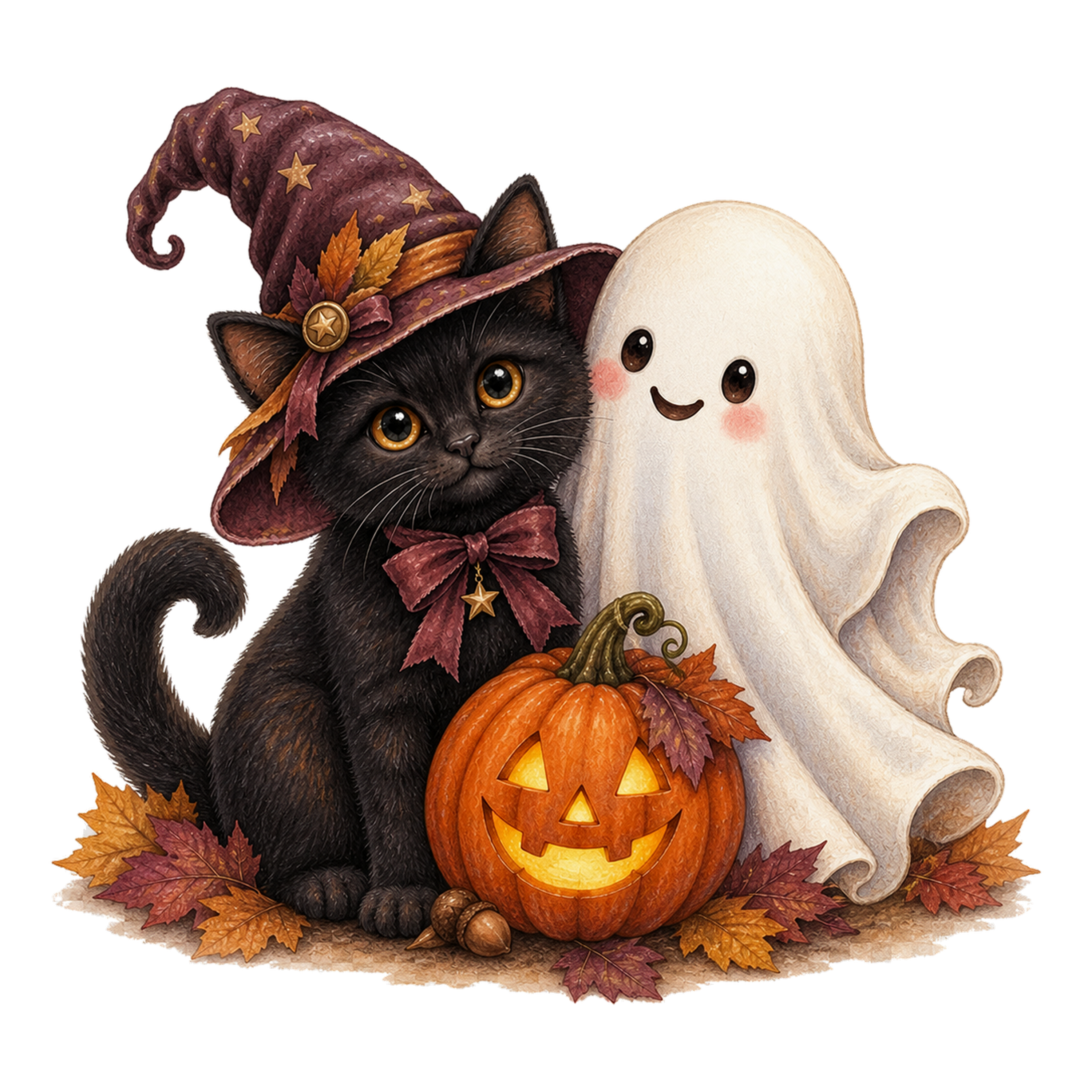 かぼちゃと寄り添う黒猫とおばけのハロウィンイラスト｜無料素材95086に写真・文字を入れる