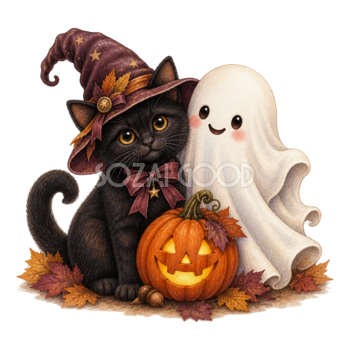 かぼちゃと寄り添う黒猫とおばけのハロウィンイラスト｜無料素材95086