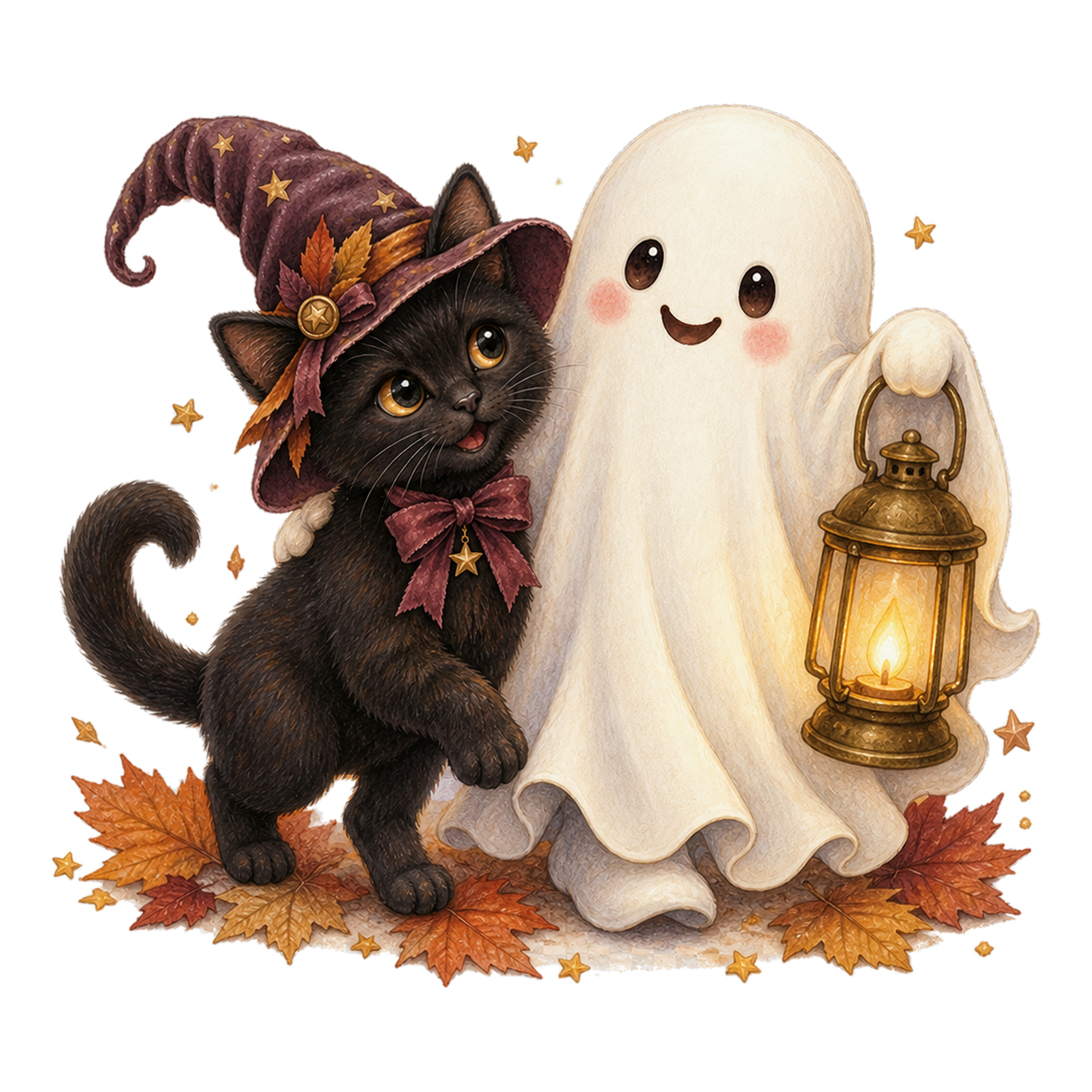 ランタンを持って歩く黒猫とおばけのハロウィンイラスト｜無料素材95087に写真・文字を入れる