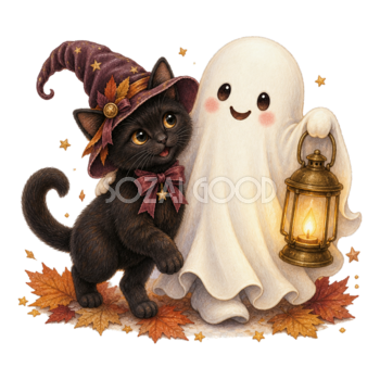 ランタンを持って歩く黒猫とおばけのハロウィンイラスト｜無料素材95087