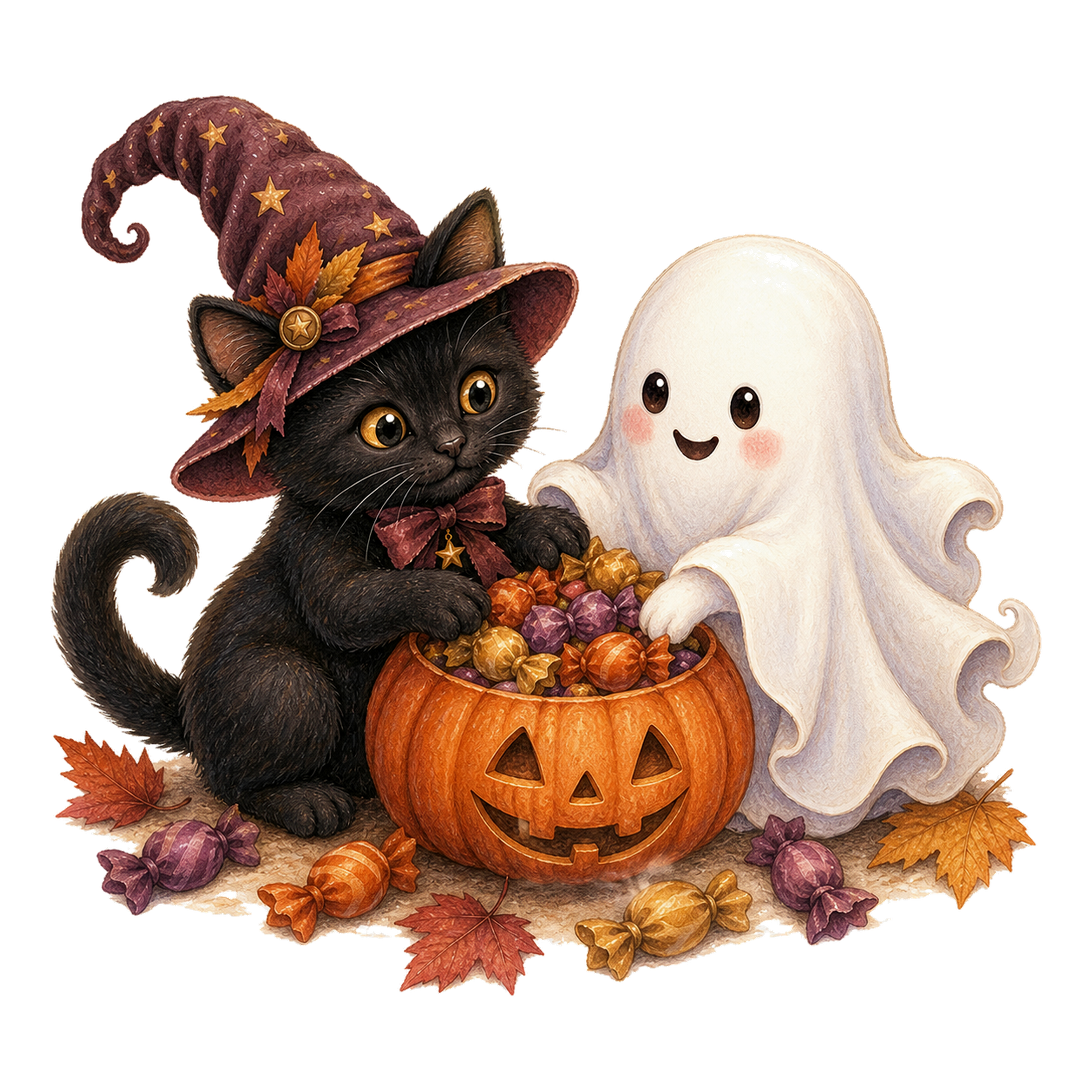 お菓子を分け合う黒猫とおばけのハロウィンイラスト｜無料素材95089に写真・文字を入れる