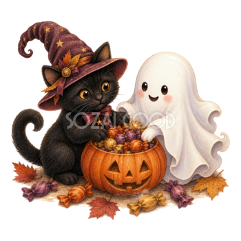お菓子を分け合う黒猫とおばけのハロウィンイラスト｜無料素材95089