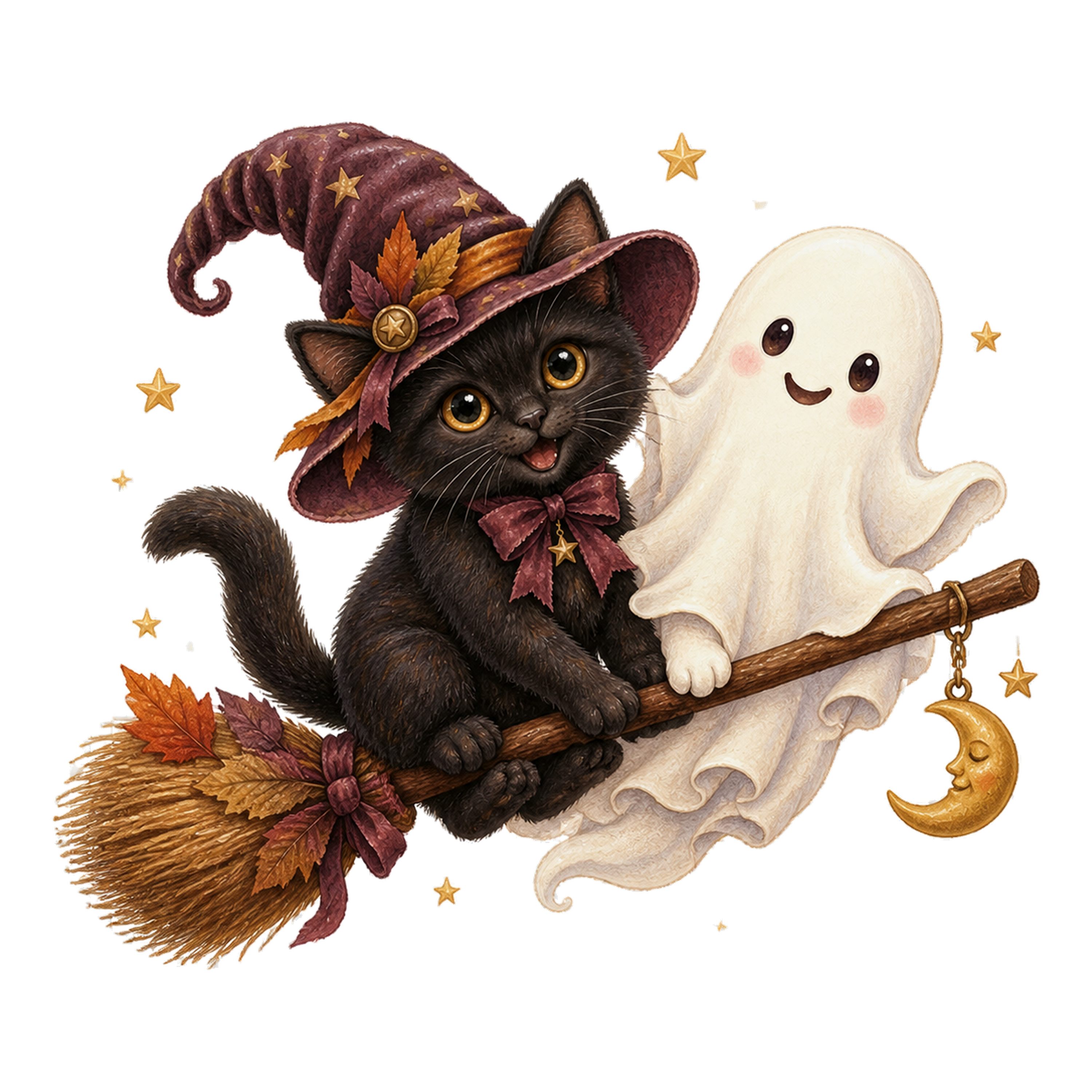 ほうきに乗る黒猫とおばけのかわいいイラスト｜無料素材95090に写真・文字を入れる