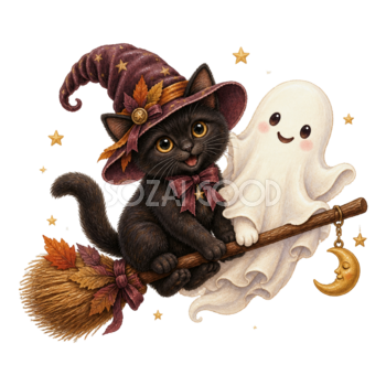 ほうきに乗る黒猫とおばけのかわいいイラスト｜無料素材95090