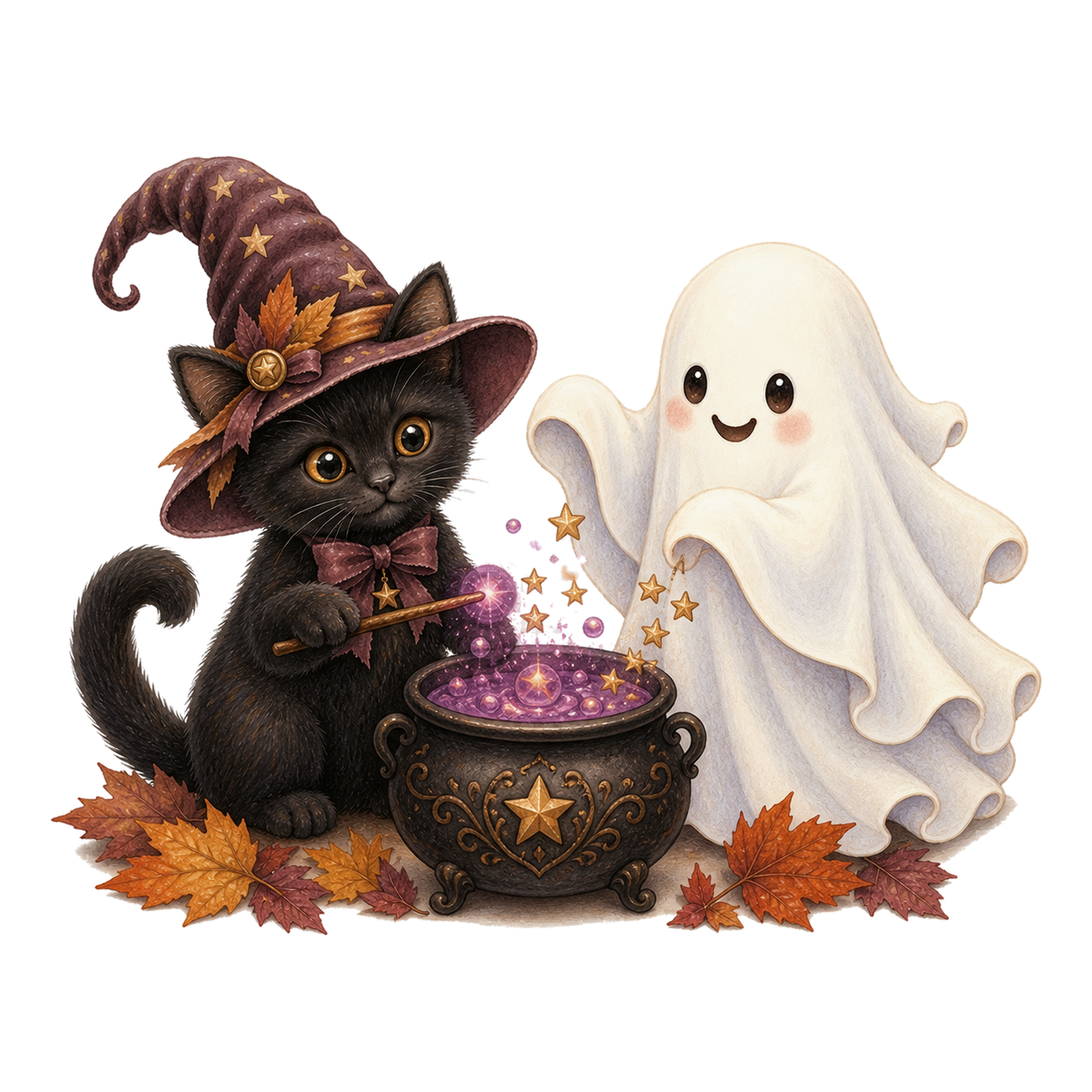魔法の大釜を囲む黒猫とおばけのハロウィンイラスト｜無料素材95091に写真・文字を入れる