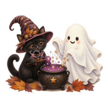 魔法の大釜を囲む黒猫とおばけのハロウィンイラスト｜無料素材95091