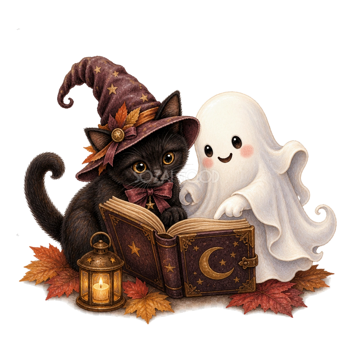 魔法の本を読む黒猫とおばけのハロウィンイラスト｜無料素材95092