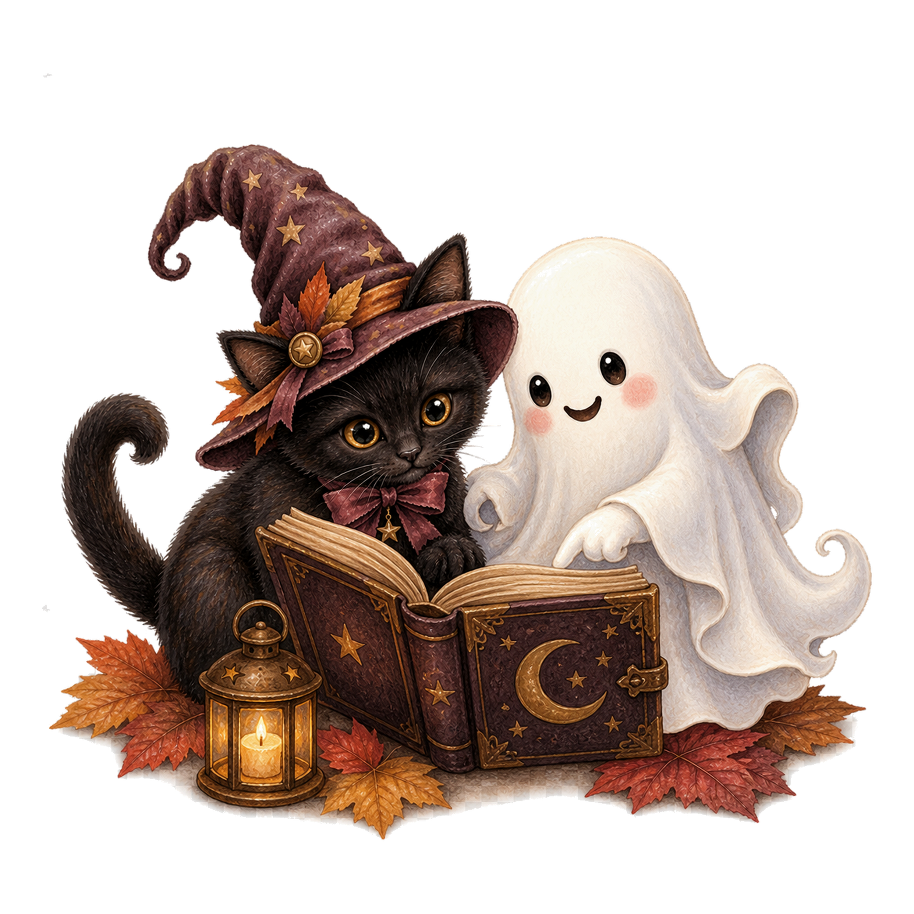 魔法の本を読む黒猫とおばけのハロウィンイラスト｜無料素材95092に写真・文字を入れる