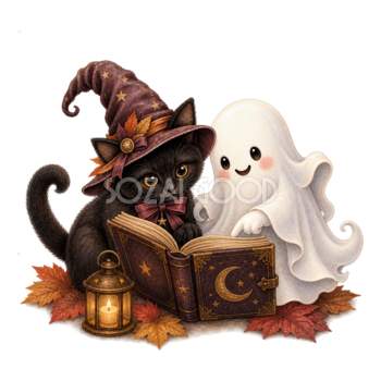 魔法の本を読む黒猫とおばけのハロウィンイラスト｜無料素材95092