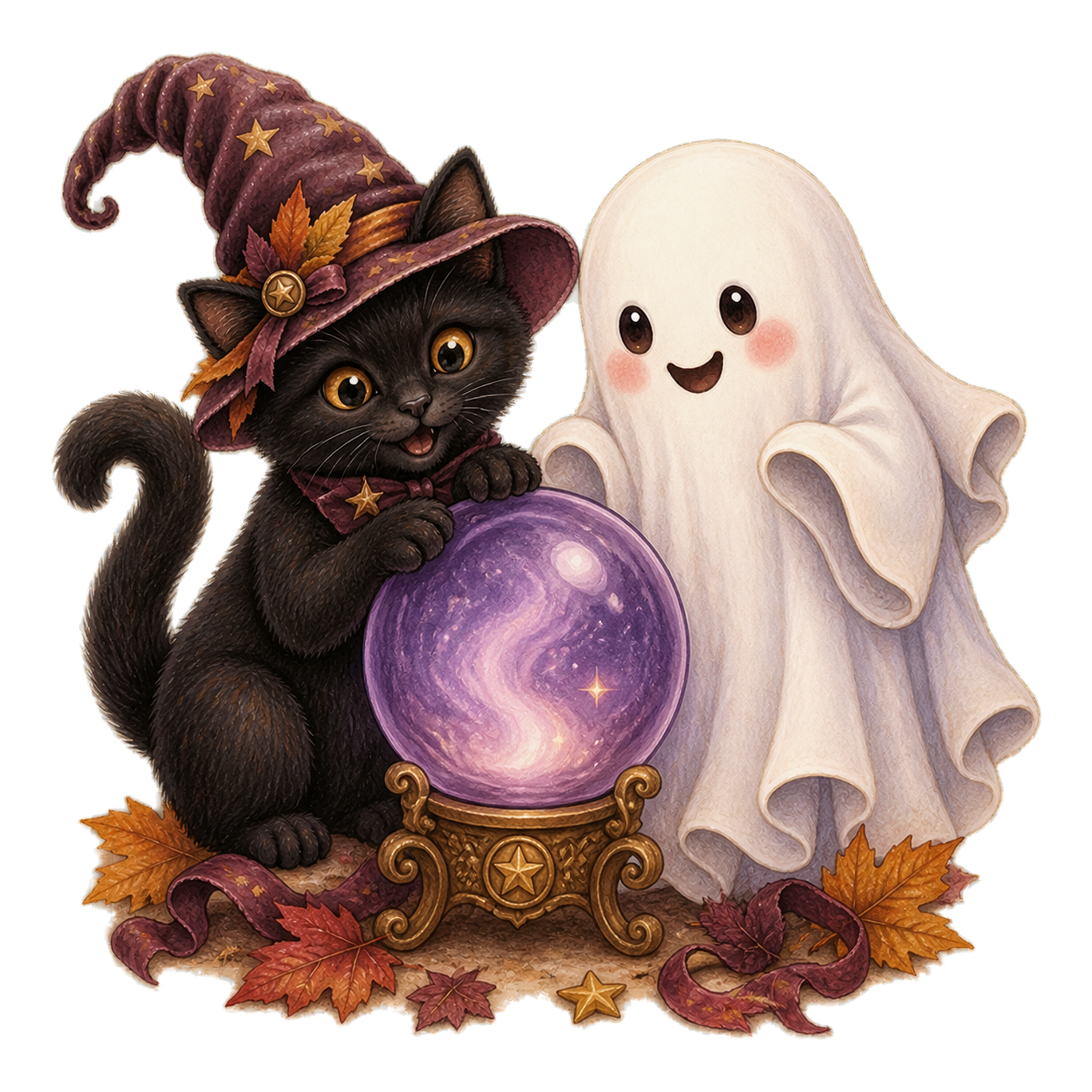 水晶玉をのぞく黒猫とおばけのハロウィンイラスト｜無料素材95093に写真・文字を入れる